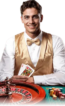 Mesa de casino en vivo con crupier, cartas y ruleta